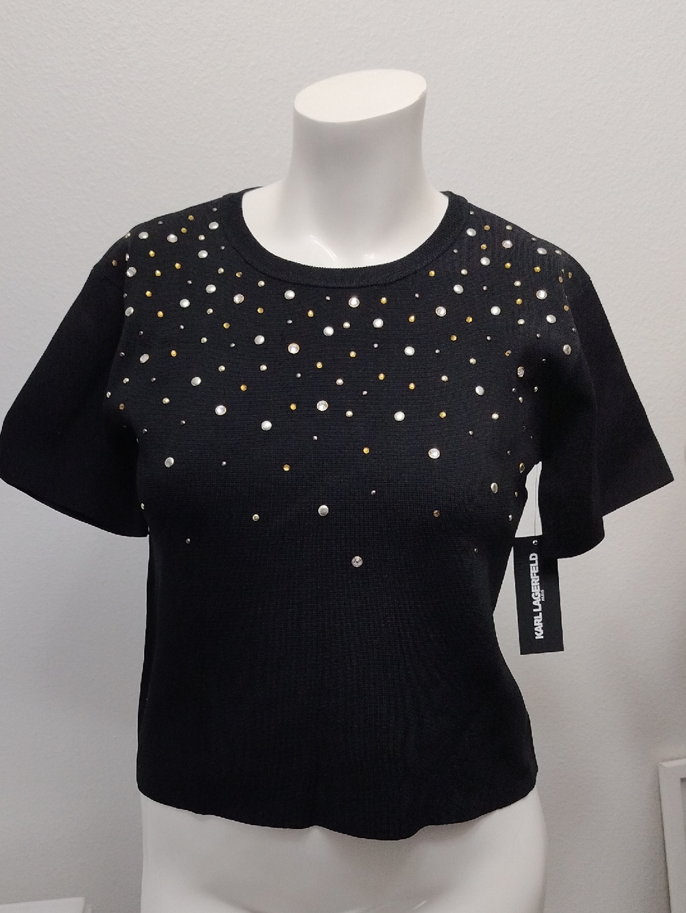 Karl Lagerfeld Black Short-Sleeve Knit Top Clear Crystal Silver/Gold Studs NWT